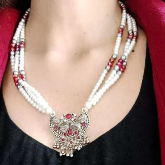 Pearls Beaded Chain Jewelry Set, Tribal Jewelry Set, Beaded Chain Pendant Neckla - Picture 9 of 10